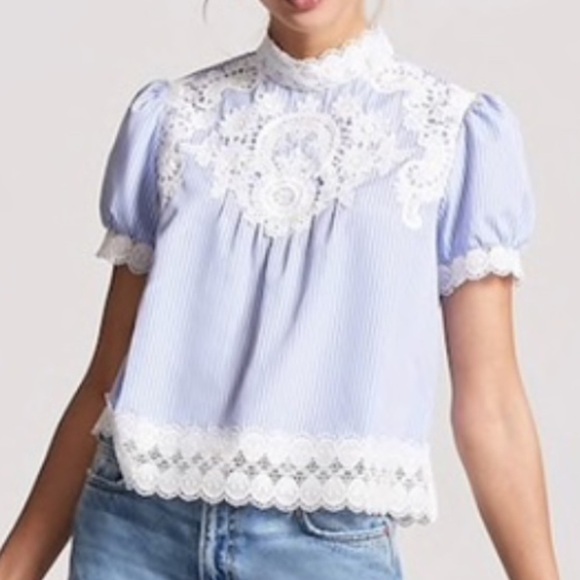 Forever 21 NWT Blue and White Striped Crocheted Appliqué Short Sleeve Shirt - Picture 1 of 11
